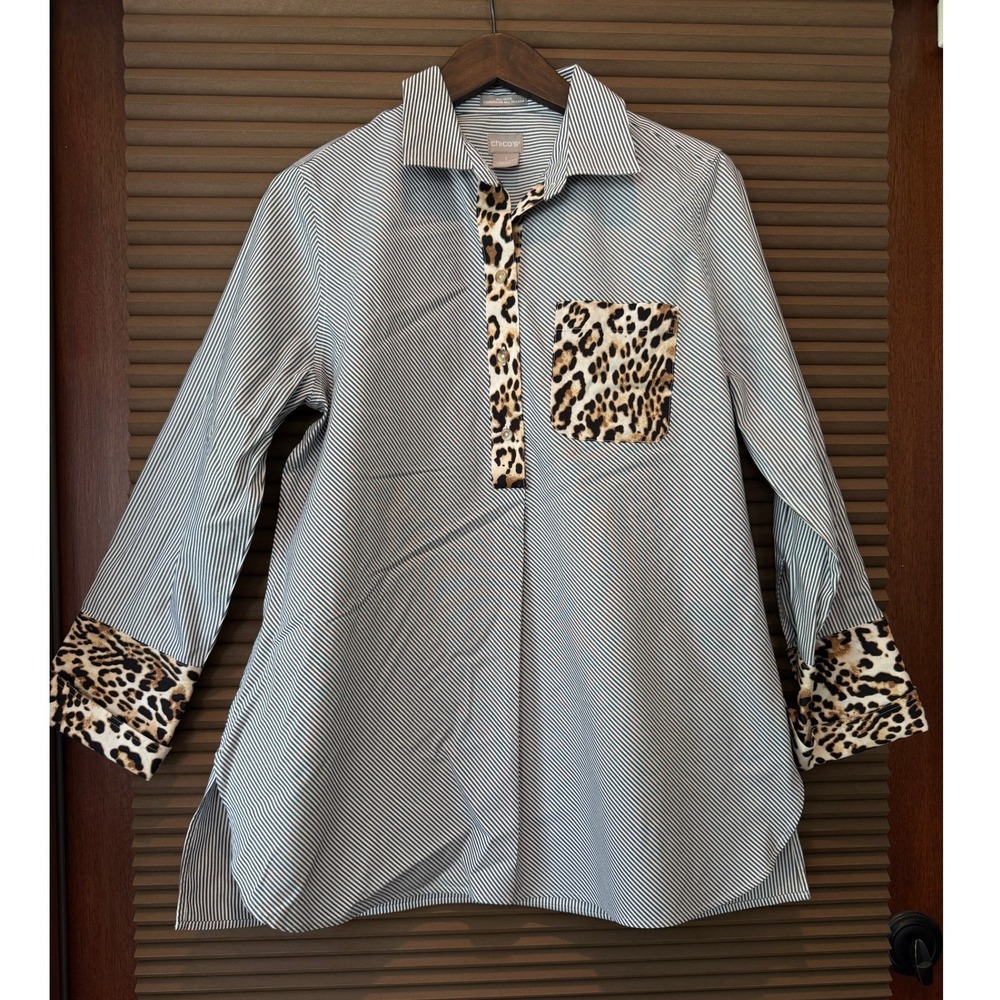 Chico's Tunic Women 1-8/10 No-Iron Coolmax Blue White Striped Leopard EUC Chic
